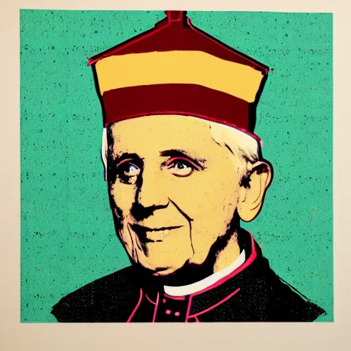 Image similar to portrait of pope benedict xvi wearing tiara on the top of his head in the style of screen print by andy warhol. pop art