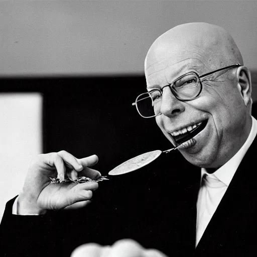 Prompt: a press photo of Klaus Schwab of the world economic forum eating bugs and other insects, horrible, 8k