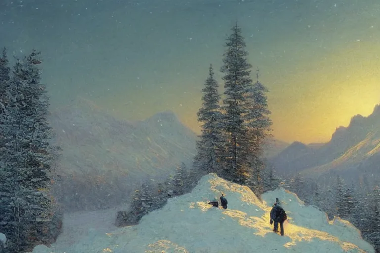 Prompt: mountains, trees, beautiful nature, winter, night, stars, snow, very detailed, focused, oil painting, colorful, canvas, artstation, Sydney Mortimer Laurence, Albert Bierstadt, Theodor Kittelsen, Hans Dahl, Konstantin Yakovlevich Kryzhitsky