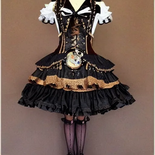 Image similar to A mechanical-steampunk themed lolita outfit ; the fabric has pictures of galaxies moons and stars on it. A beautiful lolita dress, Angelic Pretty!dream a steampunk themed lolita outfit ; the fabric has pictures of gears and bolts on it. A beautiful lolita dress, Angelic Pretty