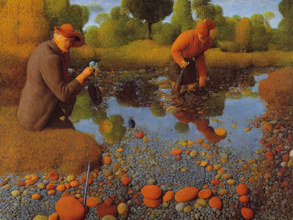 Image similar to Portrait of a painter washing his brush in a river. Humanoid rocks, coral-like pebbles, autumn light. Painting by Jan van Eyck, Rene Magritte, Jean Delville, Max Ernst