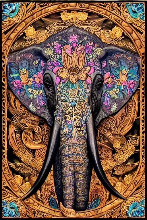 Image similar to Painted dark-wood panel relief carving of a close up of a Flowerpunk Matriarch Elephant, ornate border frame, explosion of colorful flowers, dark wood, intricately carved, black ink, festival of rich colors, intricate details, cinematic lighting, volumetric lighting, post-processing, art nouveau, tarot, fractal art, mandala, by andreas rocha and john howe, and Martin Johnson Heade, featured on artstation, featured on behance, golden ratio, hyper detailed, photorealistic, epic composition, center spotlight, f32, well composed, symmetrical, UE5, 8k