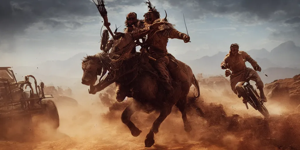 Image similar to indian on ancient atv attacking bufallos, action scene, an epic western, dramatic lighting, cinematic, establishing shot, extremely high detail, photorealistic, cinematic lighting, artstation, octane render, old photo, buffalo hunt movie, alpha movie, western