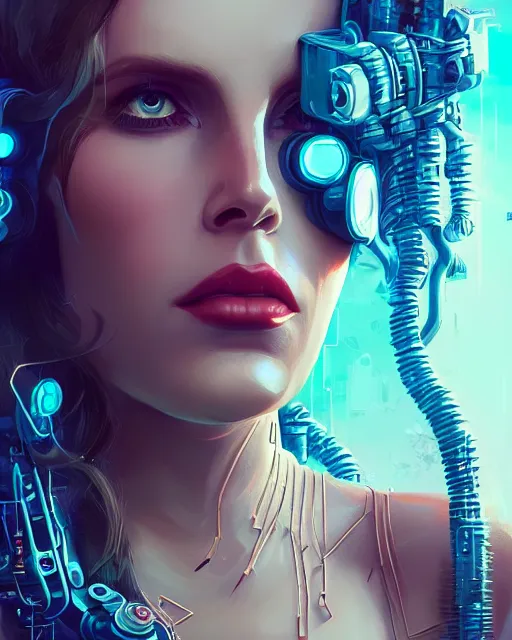 Image similar to portrait of lana del rey as a cyberpunk cyborg. roses, sci - fi, missing panels, intricate abstract, upper body, intricate artwork, by tooth wu, wlop, beeple, dan mumford. concept art, 8 k octane render, deviantart, greg rutkowski, cinematic, key art, hyperrealism, iridescent accents