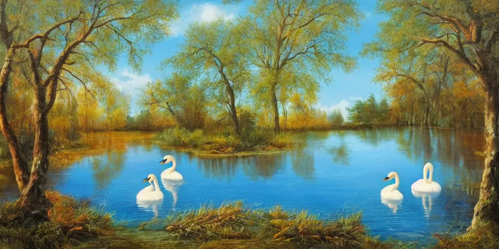 Image similar to painting of a small lake with two swans in it, in a forest, blue water, stunning colors, fairytale