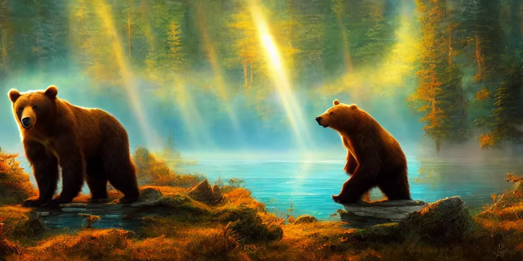 Prompt: bear at a lake, magical energies emanating from it, god rays, wide angle, fantasy art, matte painting, sharp focus, vibrant colors, high contrast, illustration, art by justin gerard