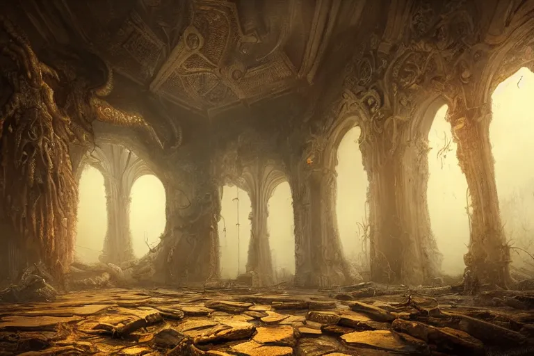 Image similar to ultra realist soft painting of a single lovecraftian gigantic creature, inside ruins, very intricate details, dense fog, golden ratio, volumetric cinematic lighting, reflections, refractions, symmetry accurate anatomy features, omnious background, unreal render