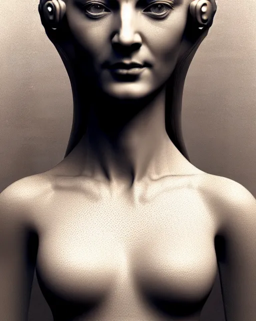 Image similar to bw 3 d render of a beautiful female queen - cyborg - vegetal, intricate fractal ornament in the bust with a very long neck, elegant, highly detailed intricate rococo ornament in her blond long hair, realistic, refined, highly detailed, cinematic outdoor lighting, by flora borsi in the style of dora maar, volumetric lighting, hyper realistic photography