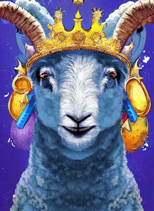 Prompt: a painting of a lamb's face with blue and yellow smoke coming out of, wearing an ornate crown, a digital painting by petros afshar, behance contest winner, digital art, behance hd, digital illustration, digital painting