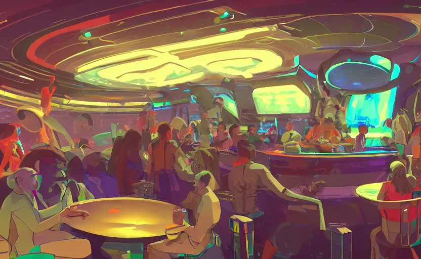 Image similar to a space station bar with humans and aliens interacting and drinking, artstation, concept art by peter chan, colorful lighting