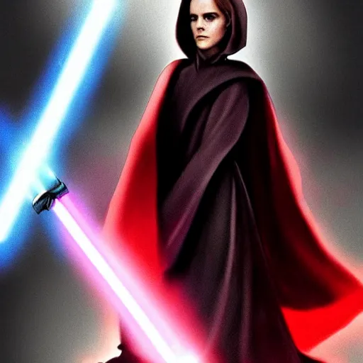 Image similar to emma watson as a sith lord with a cloak and a lightsaber, commissioned fan art