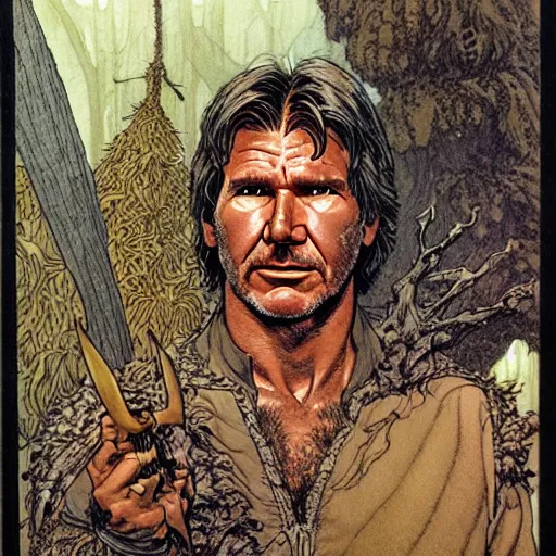 Image similar to a realistic and atmospheric portrait of harrison ford as a druidic warrior wizard looking at the camera with an intelligent gaze by rebecca guay, michael kaluta, charles vess and jean moebius giraud