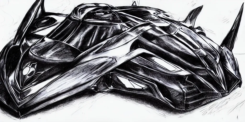 Image similar to ballpoint pen drawing of the batmobile, batman, arkham knight