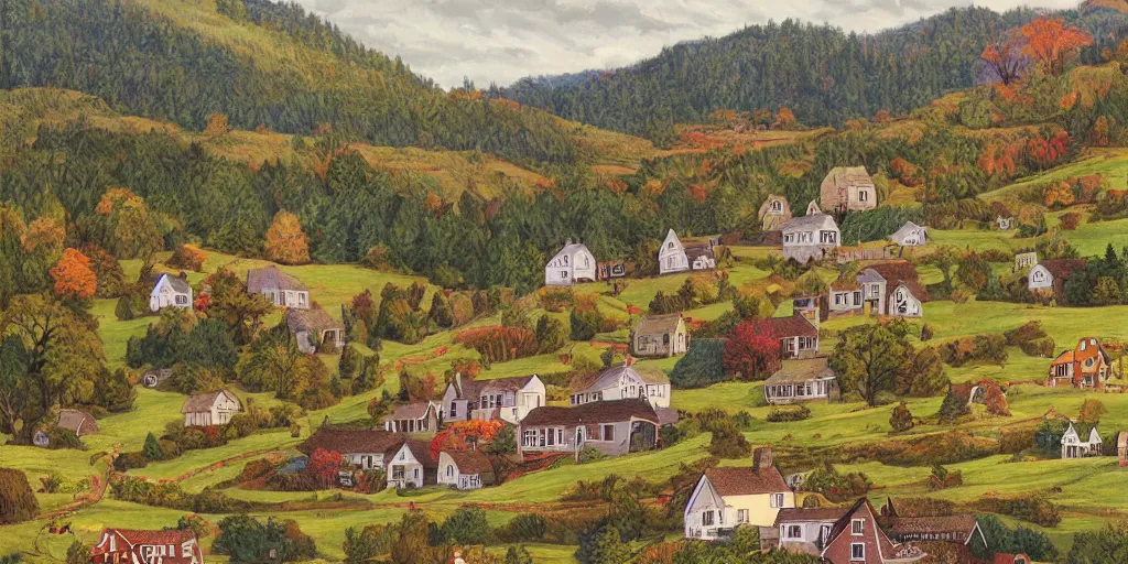 Prompt: A beautiful country village with hill, houses, trees, farm, painted by of Grandma Moses and Dan Mumford, fine detailed, trending on artstation,