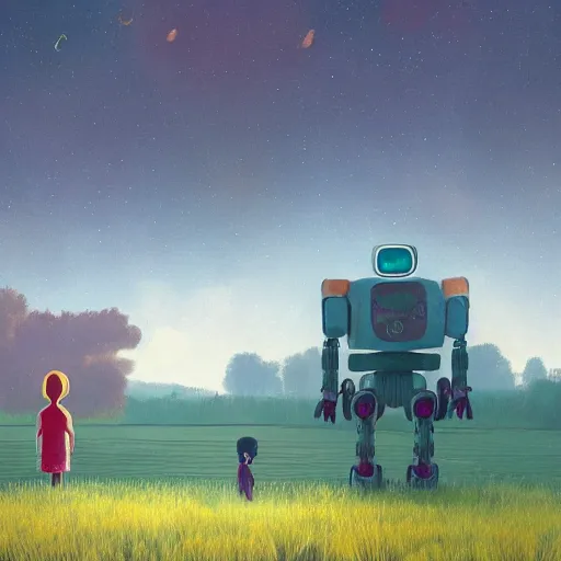 Prompt: a young girl and her tall humanoid robot going on a trip together, in a field, detailed, cinematic, cinematic lighting, by Simon Stalenhag