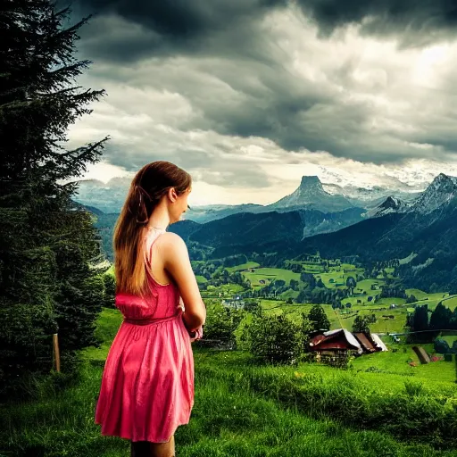 Prompt: a beautiful photograph of a girl with switzerland landscape in the background with trees, hdr, 8 k, high quality, sharp focus, artstation, highly detailed, award - winning, dramatic lighting, beautiful clouds, and nature, digital art