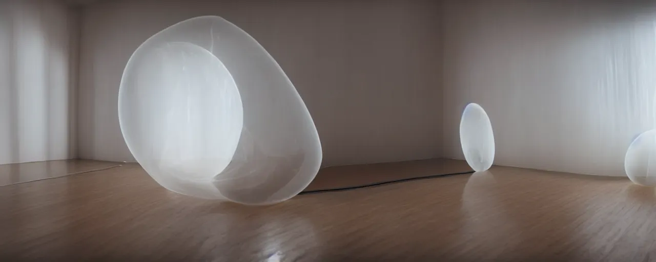 Prompt: a strange translucent silicone organic shaped poufs sits in the empty living room, film still from the movie directed by denis villeneuve with art direction by zdzisław beksinski, close up, telephoto lens, shallow depth of field