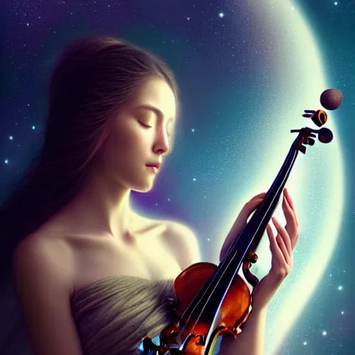 Image similar to a high quality life like portrait of a very very beautiful! celestial goddess of life playing a mysterious violin and springing life into the universe, highly detailed, intricate, sharp focus, fantasy, cinematic lighting, dreamlike, exotic, mystery, realistic, trending on artstation, fantasy, by WLOP and greg rutkowski