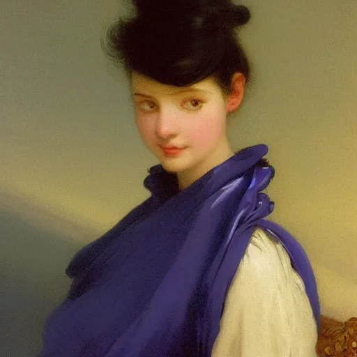 Image similar to a young woman's face, her hair is white and she wears a cobalt blue satin cloak, by ivan aivazovsky and syd mead and moebius and gaston bussiere and roger dean and pieter claesz and paul delaroche and alma tadema and aelbert cuyp and willem claesz, hyperrealistic, volumetric light, octane render