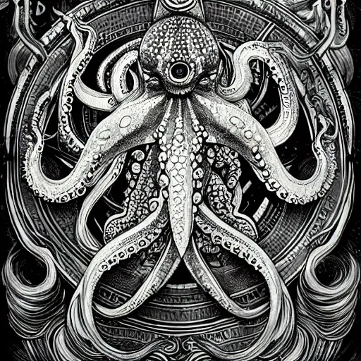 Image similar to the sacred octopus god of the alien people of the ocean world of tao city phi, as he is his worshiped in the architectures of the elaborate and hyperdetailed self - transforming landscape