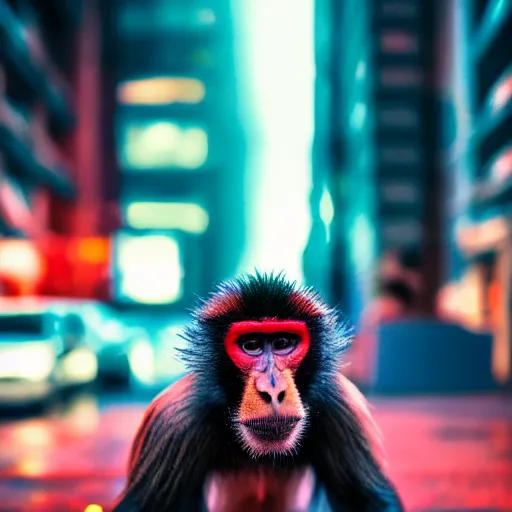 Image similar to a high quality low wide angle photo of a Mandrill monkey on the streets of a cyberpunk city, rainy, reflective ground, neon lights, realism, 8k