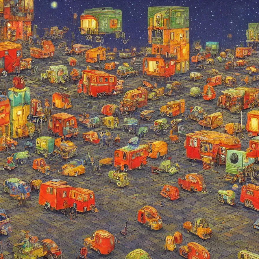 Image similar to a painting in the style of Jacek Yerka , a colourful caravan is traveling past a large factory at night