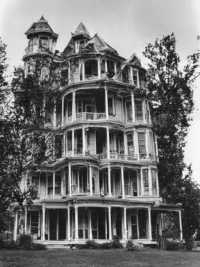 Prompt: 1970s photograph. beautiful exterior view of an old victorian house. a creepy man's face is in the window