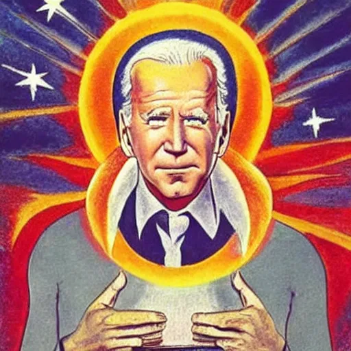 Image similar to joe biden as demiurge creating 1 9 5 0 s world, painting by william blake and jon mcnauhgton