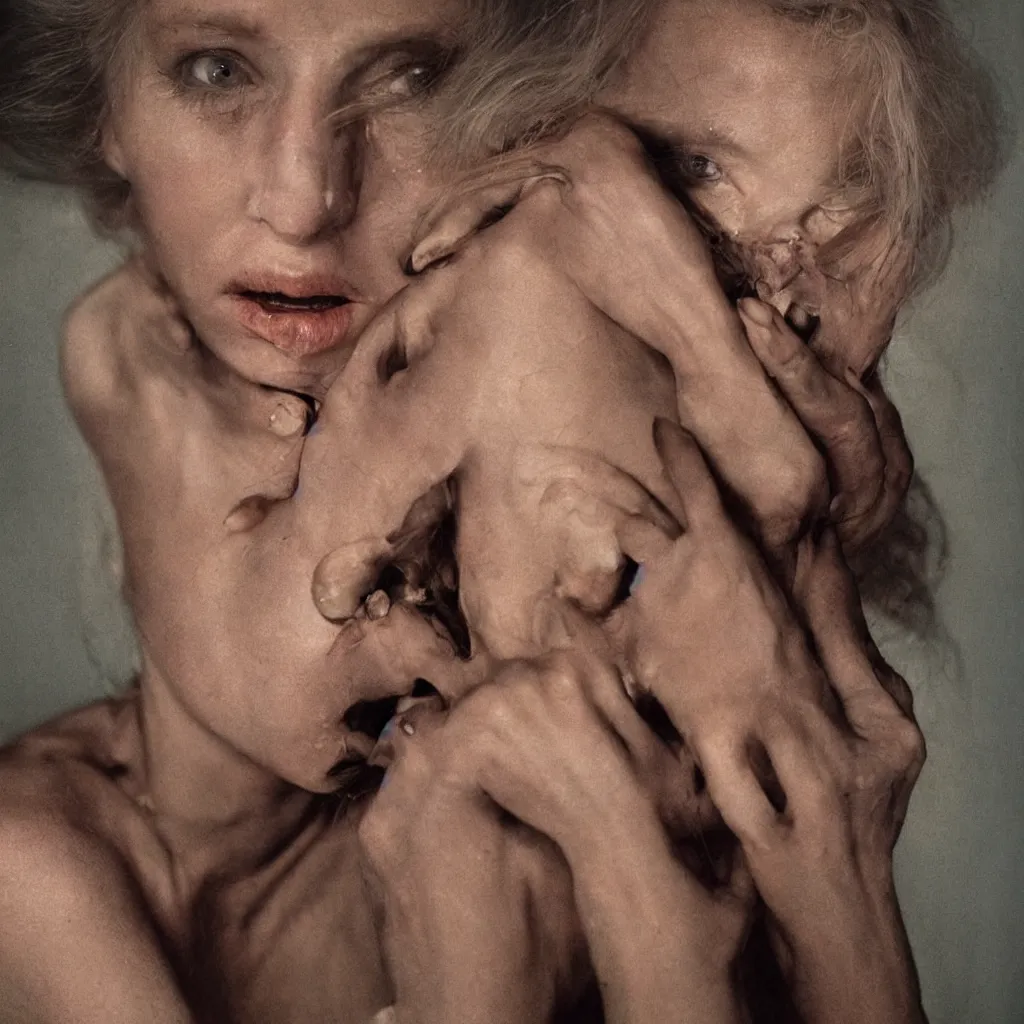 Prompt: award-winning candid photograph by Annie Leibovitz Roger Deakins of a beautiful woman infected by night, incredibly detailed, beautifully infected, studio portrait, anatomically correct, vivid color