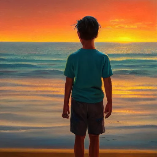 Image similar to an influencer boy portrait, sunset, ocean in distance, oil painting, pale colors, high detail, 8 k, wide angle, trending on artstation,