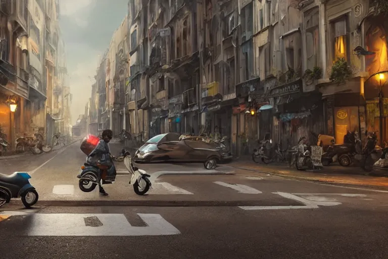 Image similar to moped scooter racing on the street, hyper realistic, very detailed, dramatic scene, realistic lighting, dark fantasy, 4 k, in the style of greg rutkowski