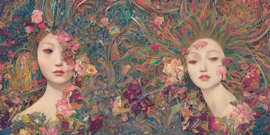 Image similar to breathtaking detailed concept art painting kaleidoscope art deco pattern of blonde faces goddesses amalgamation flowers, by hsiao - ron cheng, bizarre compositions, exquisite detail, extremely moody lighting, 8 k