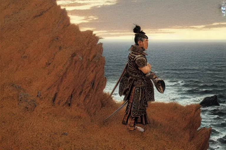 Image similar to a fierce samurai looking into the horizon on a cliff, golden hour, dramatic lighting, fluid, smooth, bright, colours, high contrast, sharpness, very detailed, intricate, by donato giancola, gustave dore and junji ito