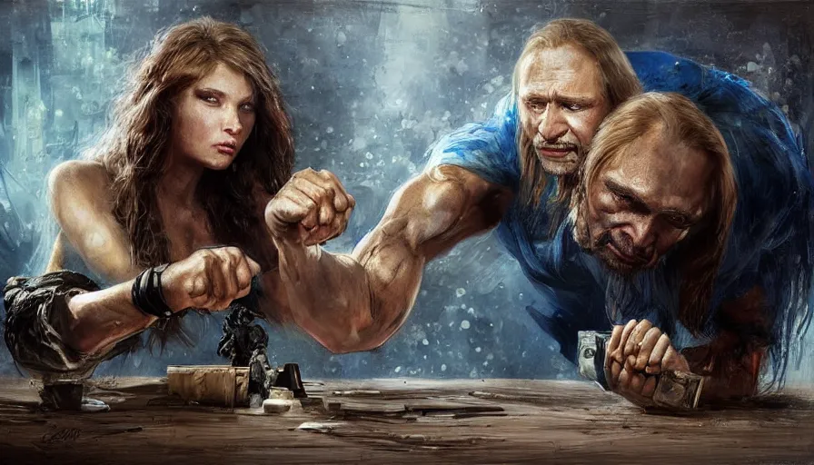 Prompt: arm wrestling between ( vladimir putin ) and ( ( ( a young pretty girl with long hair and blue eyes ) ) ), hyperrealistic, digital concept art, caricature illustration, violent. horror. art by gaston bussiere and greg rutkowski in yelow and blue color