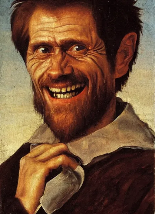 Image similar to portrait painting of willem dafoe with stubble smiling warmly, renaissance oil painting, studious chiaroscuro