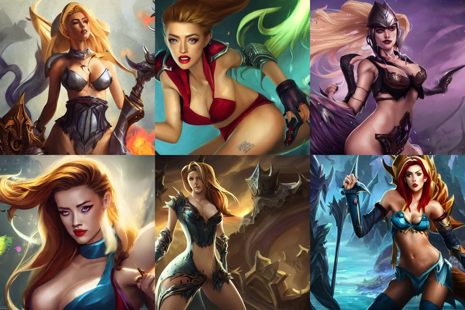 Prompt: Splash art of Amber Heard from league of legends by Alex Flores, Chengwei Pan, Bo Chen, Jennifer Wuestling, 4K, UHD, High quality, Trending on Artstation HQ; Foreground : Amber Heard alone ; Background : simple color; Body : Perfectly drawned arms, so tiny waist, so large hips, thick thighs; Wear : SFW clothes hiding bust and crotch; Face : The most perfect eyes and lips