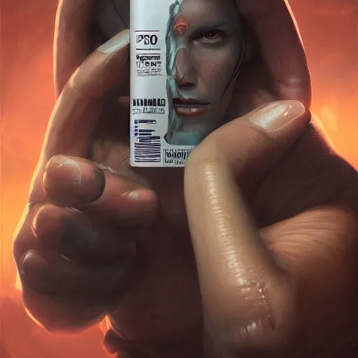 Image similar to concept art of a modern dietary supplement in a transparent bottle with a black sticker on it by aenaluck, artgerm and roberto ferri and greg rutkowski, highly detailed portrait, star wars expanded universe, digital painting, artstation, concept art, smooth, sharp foccus ilustration hq