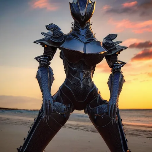 Image similar to cinematic body shot, realistic detailed stunning beautiful armored anthropomorphic female robot dragon, looking to the side with an elegant pose of hand on hip, smooth and streamlined armor and design made of steel, sharp claws and sharp teeth, high quality head, Slick LEDs, on the beach during sunset, high quality, cinematic art, sci fi, sunset lighting, 3D render, 8k, artstation, deviantart, furaffinity