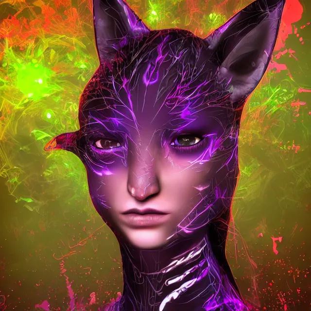 Prompt: a character portrait of the avatar for an female humanoid fox raver a. i. in the style of glitch art in the style of surreal art trending on artstation deviantart pinterest furaffinity photorealistic hd 8 k highlights and shadow detailed high resolution
