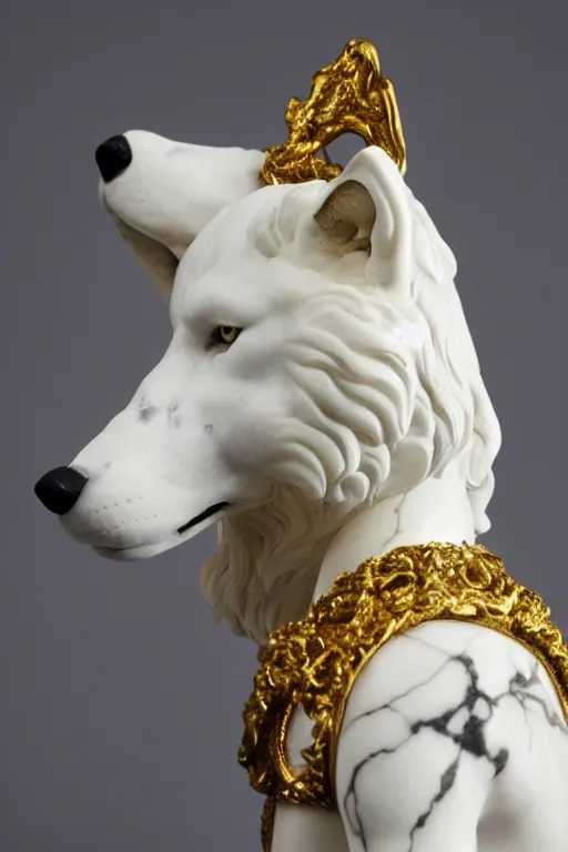 Prompt: a white marble statue of a wolf's head and shoulders with gold filigree, michelangelo