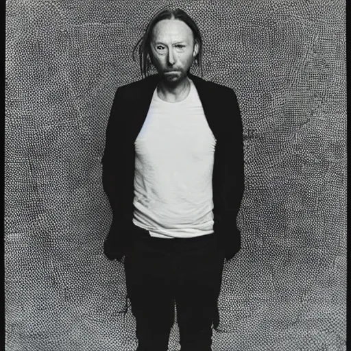 Image similar to Thom Yorke, Thom Yorke, Thom Yorke, holding the moon upon a stick, with a beard and a black jacket, a portrait by John E. Berninger, dribble, neo-expressionism, uhd image, studio portrait, 1990s