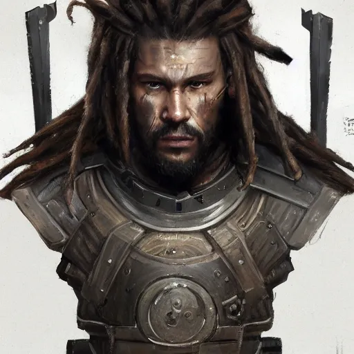 Image similar to Portrait of a man by Greg Rutkowski, a young, strong and hard-eyed warrior with brown hair with dreadlocks, wearing a futuristic tactical gear that looks like a mix between the samurai, viking and templar aesthetics, mix between tribal and hi-tech, highly detailed portrait, scifi, MMORPG, digital painting, artstation, concept art, smooth, sharp foccus ilustration, Artstation HQ