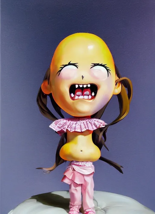 Image similar to a hyperrealistic oil painting of a kawaii anime girl figurine caricature with a big dumb grin featured on nickelodeon by dave mckean in the style of madballs