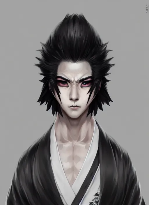 Image similar to a highly detailed illustration of fierce short white haired young japanese man wearing hakama, black sclera eyes, dramatic serious pose, intricate, elegant, highly detailed, centered, digital painting, artstation, concept art, smooth, sharp focus, league of legends concept art, wlop