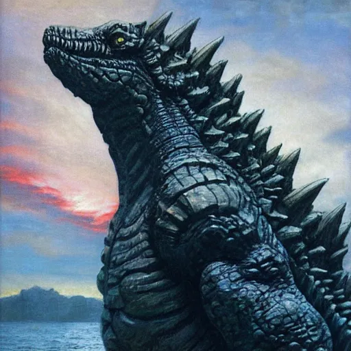 Image similar to godzilla, deep sea, sunset, portrait by gerald brom, by mikhail vrubel, by peter elson, muted colors, extreme detail, trending on artstation, 8 k