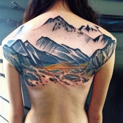 Image similar to megan fox as beautiful mountains, double exposure effect, medium sized tattoo sketch, amazing detail, on pinterest