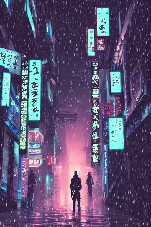 Prompt: a cyberpunk samurai in a raining cobblestone alleyway in tokyo, neon lights, full moon, fog cinematic anime art by one