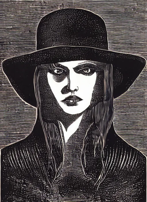 Prompt: perfectly centred realistic portrait of a character dressed in leather tight suit and witch hat, dark, chiaroscuro woodcut