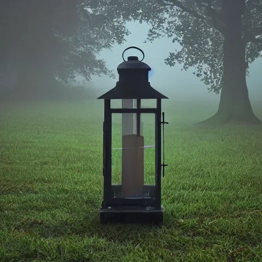 Image similar to a lantern in a foggy garden at blue hour, dusk