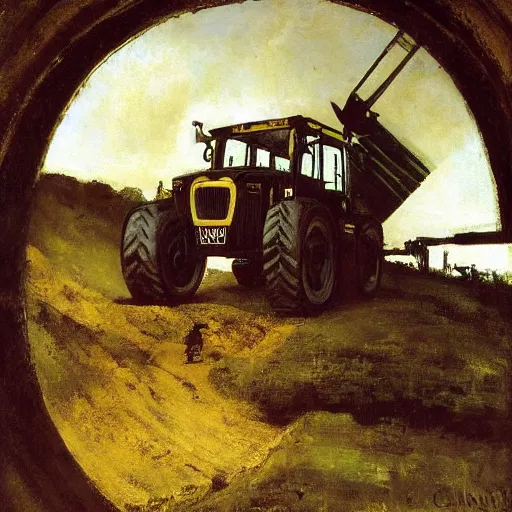 Prompt: gustave courbet painting of rob voltage cross laughing manically whilst driving a jcb digger through the gates of hell